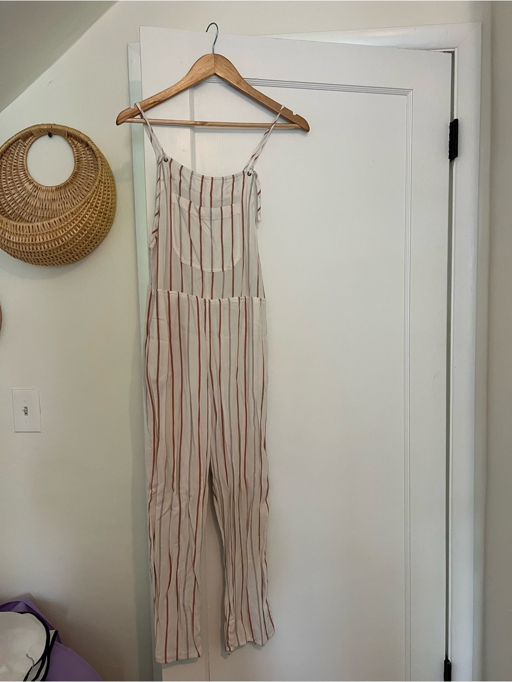 RVCA Cream Jumpsuit with Rust Stripes